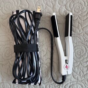 White and Black travel Hair Straightener with Striped Pouch